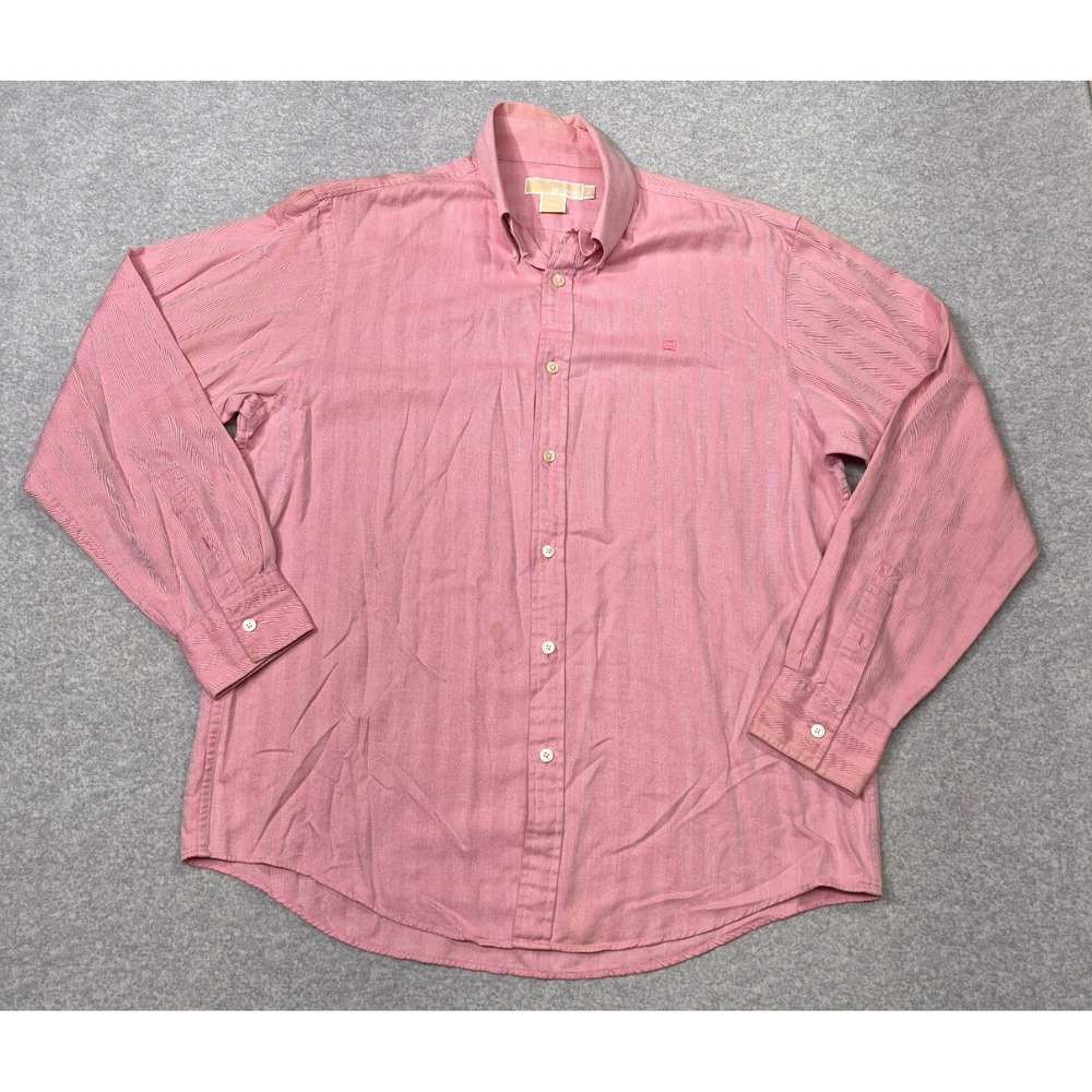 Vintage Michael Kors Mens L Pink Striped Button Up Shirt Slim Fit Long Sleeve